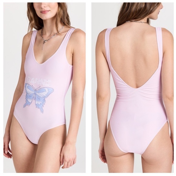 GANNI NWT 40 US 8/10 Pink Lilac Butterfly Swimsuit Spellout Deep Cut Graphic‎ - Picture 1 of 13